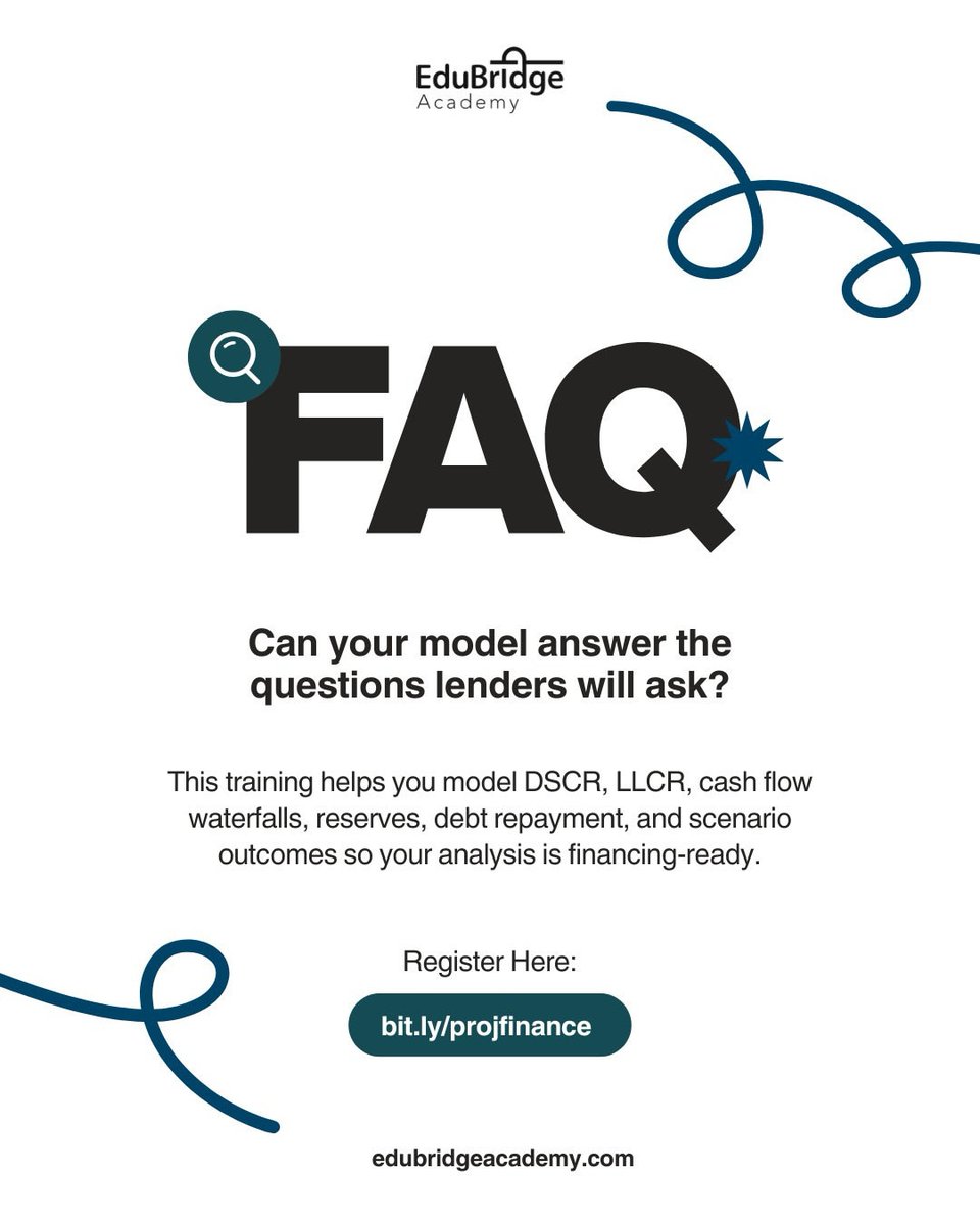 edubridge_ng's tweet image. Can your model answer the questions lenders will ask?

Learn to model DSCR, LLCR, cash flow waterfalls, and debt repayment so your analysis is 100% financing-ready with @EduBridgeAcademy.

Fee: 500,000
Date: April 18th
Apply: bit.ly/projfinance

#Finance #ProjectFinance