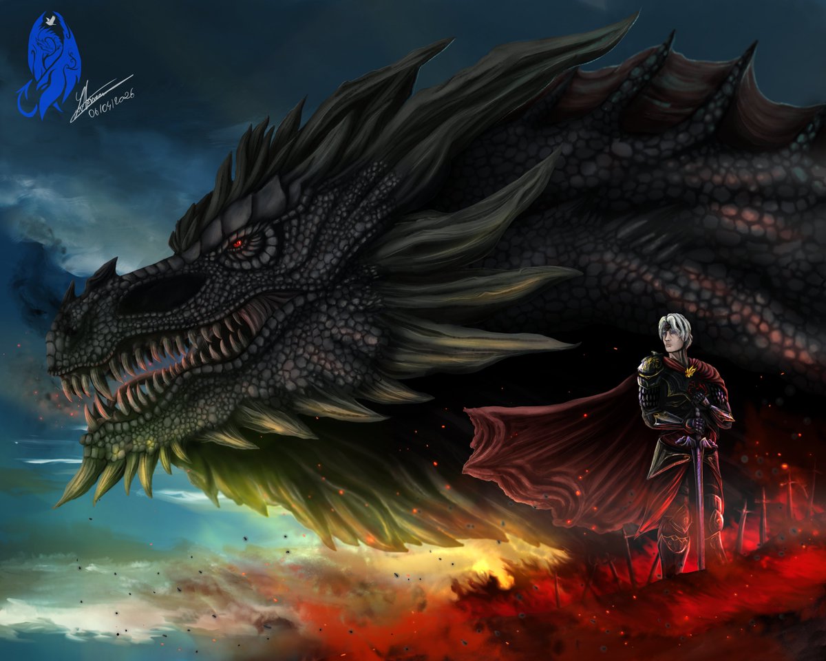 Moineauchirp's tweet photo. Well, I disappeared once again, but I'm back. 
Here's an fanart of Aegon the Conqueror and Balerion the Black Dread. I MIGHT do more. We'll see. Or maybe I'll just vanish once again for months. Eh, who knows. Not me is who :D

#asoiaf #Houseofthedragon #dragonart #smallartist https://t.co/X2FBqS9Al6