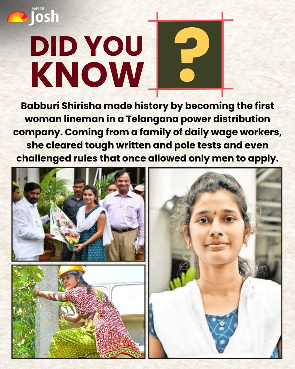 Jagranjosh's tweet image. Did you know? Babburi Shirisha became Telangana Discom’s first woman lineman, clearing written &amp;amp; pole tests and breaking the “men only” rule. Courage knows no gender!

#DidYouKnow #WomenEmpowerment #BreakingBarriers #FirstWomanLineman #Inspiration  #Motivation #JAGRANJOSH