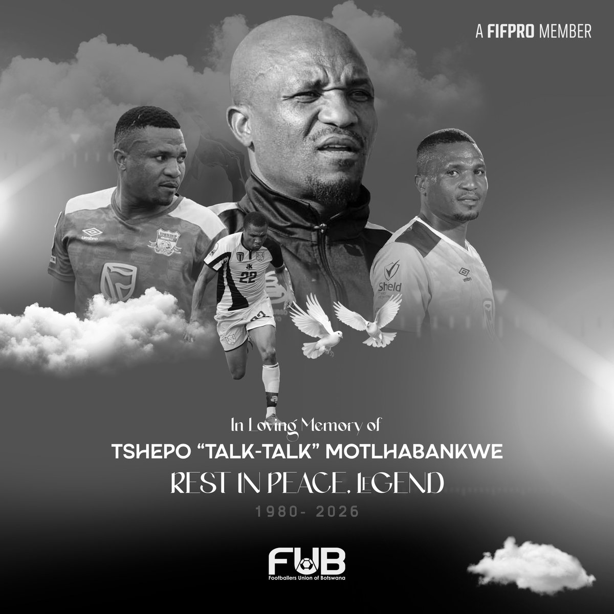 FUB_BW's tweet photo. Footballers Union of Botswana is deeply saddened by the passing of our member and former Zebras fullback, Tshepo “Talk-Talk” Motlhabankwe.

We extend our heartfelt condolences to the Motlhabankwe family, friends, and the entire football community during this difficult time. https://t.co/Jp3Jyzkzmq
