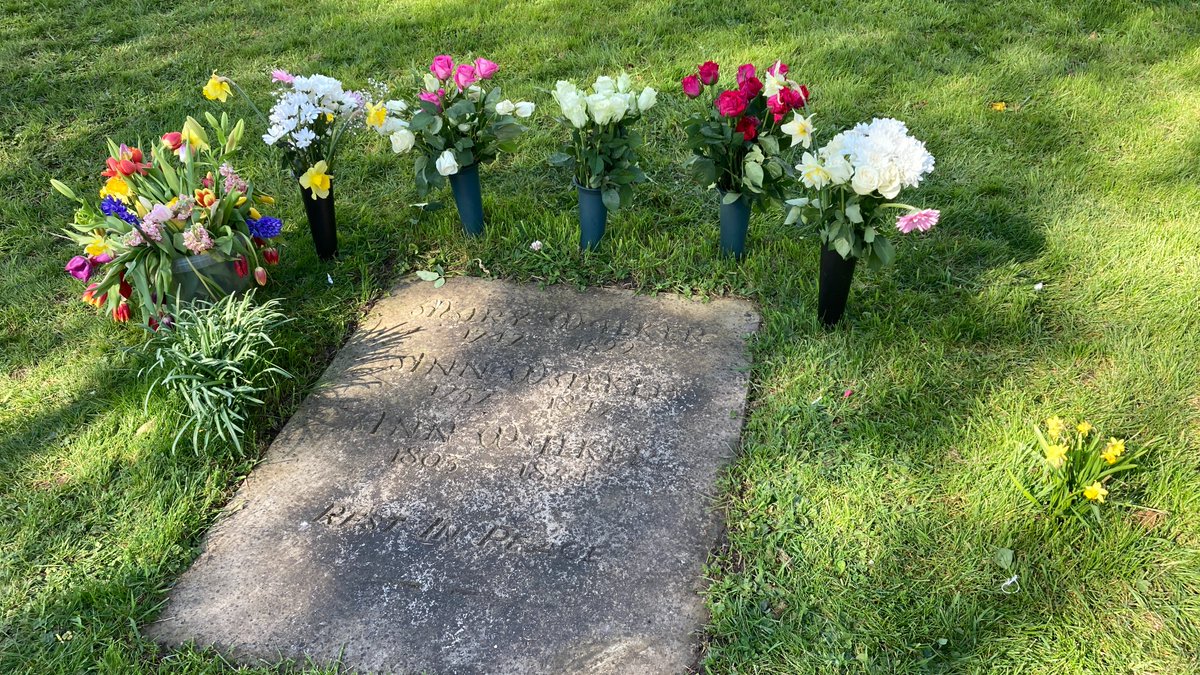 FOSMchurchyard's tweet photo. Visitors here for #ALBW 2026 were able to get to #AnnWalker's ledgerstone - thanks to the contractors working on the tower for @friendschurches for 'folding' back the caging - and leave floral tributes, so many that we had to find a bucket for the tulips! https://t.co/QpGvjk8AJe