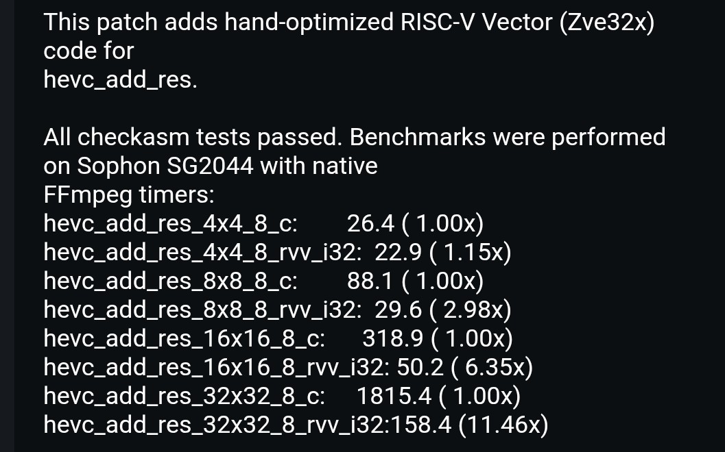 FFmpeg's tweet photo. Thank you to @ZTEPress for sending us hand written RISC-V assembly patches.

Over 11 times faster than C! https://t.co/kh0rjDxfow