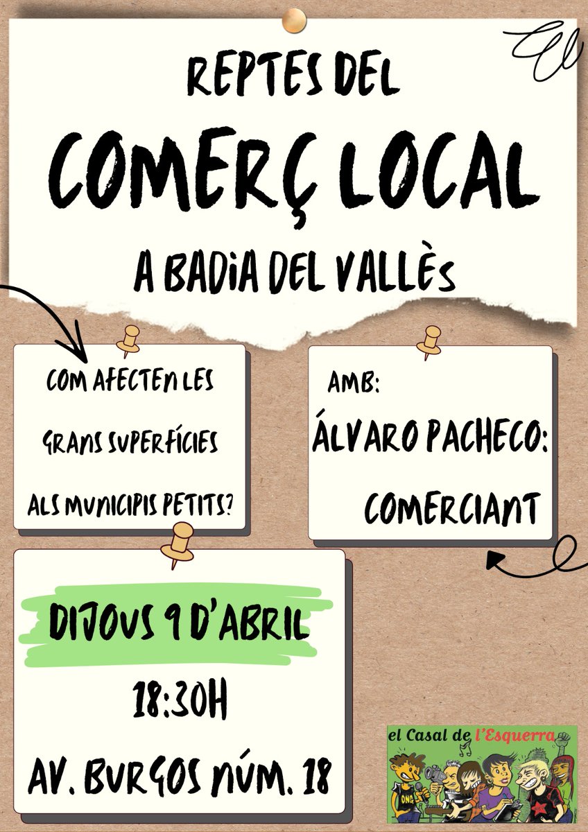 Reptes del comerç local a #Badia del Vallès:

Com afecten les grans superfícies a municipis petits com el nostre?

Tot això i més aquest dijous a partir de les 18:30H amb l'Álvaro Pacheco, comerciant de Badia.