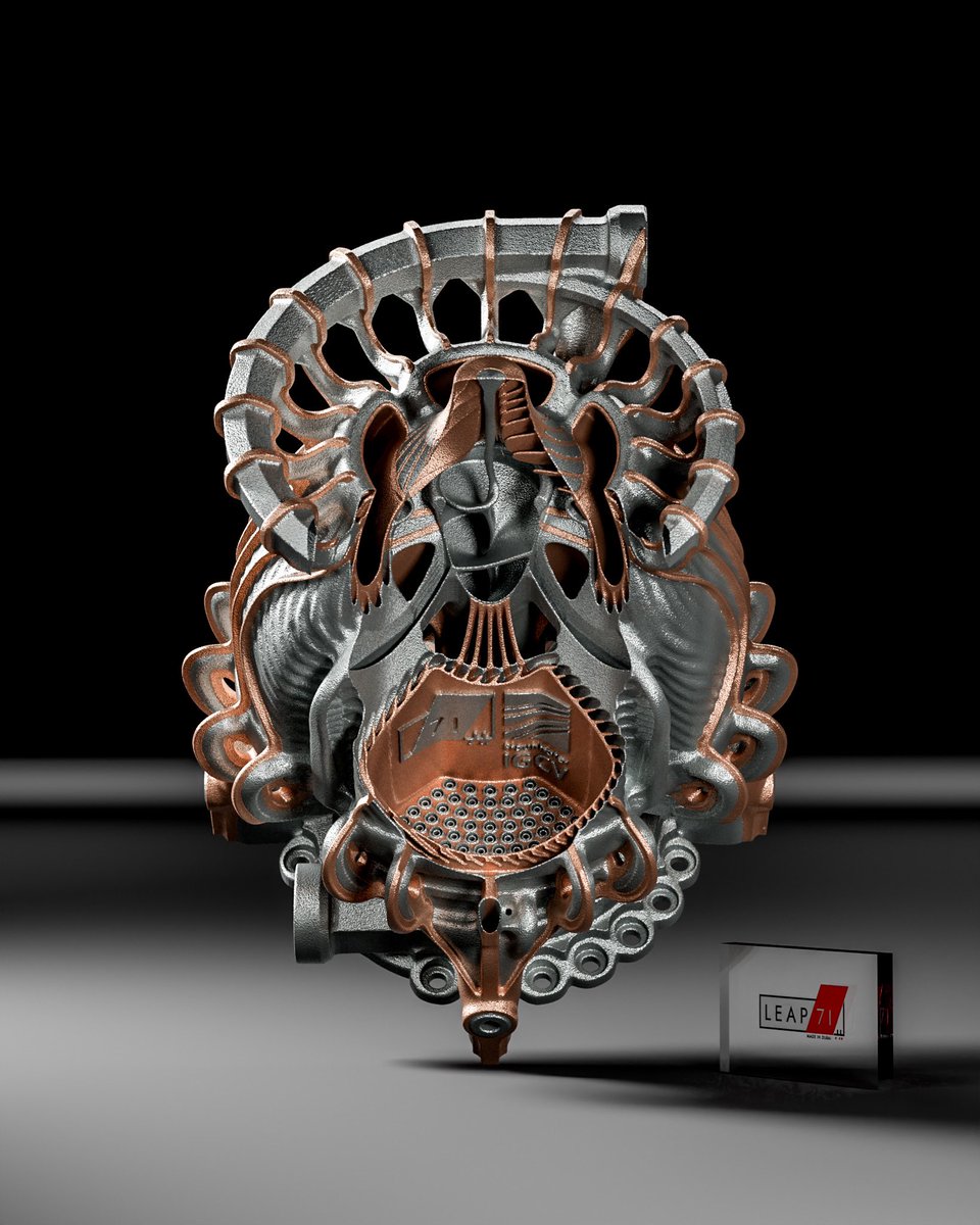 leap_71's tweet image. The next frontier of 3D-printing: multiple different metals. Here is an experimental aerospike rocket engine design we manufactured with the @fraunhofer IGCV bimetal printing process in 2023. One of the first projects we built on our open-source PicoGK geometry kernel.