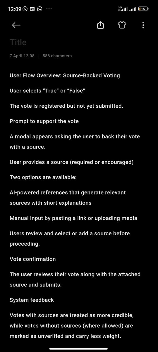 dartflutterguy's tweet photo. @adedayoagarau User flow idea: User clicks True/False, then prompted to support their vote with a source (link, media, or AI-assisted reference) before submission.

This shifts voting from opinion-based to evidence-based, strengthening trust in the platform. More details below. https://t.co/K7RW7GG5FH