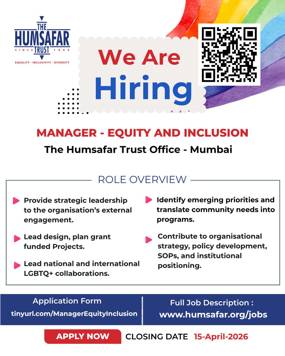 HumsafarTrust's tweet photo. Job Opening at The Humsafar Trust!
Manager - Equity and Inclusion (Mumbai)
Apply by: 15th April 2026
🔗 Apply now using the Google Form: https://t.co/9pM5JRFEMw https://t.co/kuJrgmQX9U