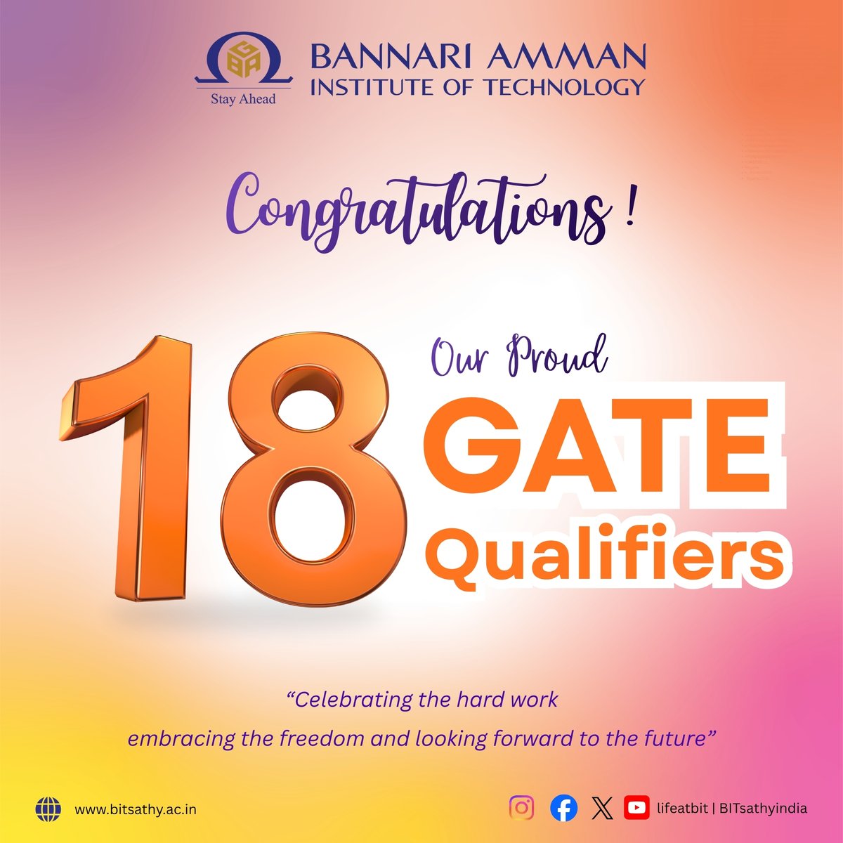 Bitsathyindia's tweet photo. 🎉 Proud to announce 18 GATE Qualifiers from BIT!
Your dedication and excellence make us proud. 🚀
#GATE2026 #BITians #Success #GateExam #ProudMoment #FutureEngineers #AcademicExcellence https://t.co/pwLBKvI2Rc
