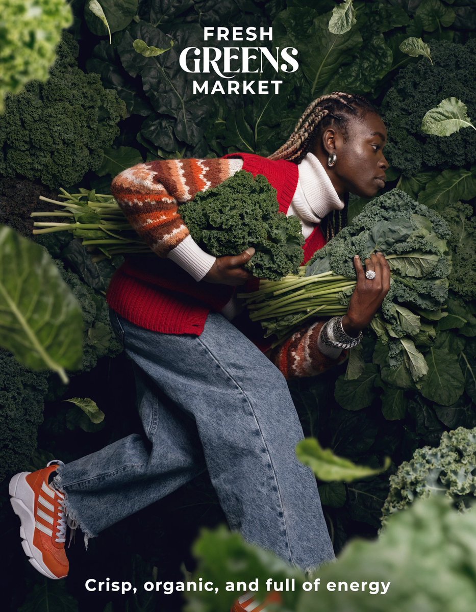 OVolosin82152's tweet photo. Harvest Mode with @recraftai 

Prompt example: 
A stylish figure standing with a wide stance, shot from a low angle so the body dominates the frame, surrounded by tightly packed cabbages covering the ground and rising behind into a textured wall, minimal empty space, strong fashion silhouette
Poster text: 'GREEN MASS MARKET'. Subtext: 'Layered, raw, unstoppable'.