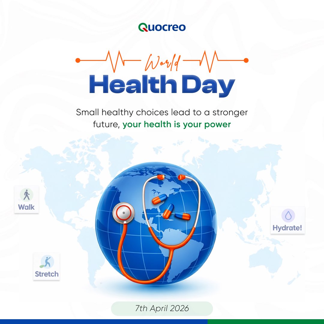 quocreotech's tweet photo. Good health is the foundation for everything we do. Small daily choices, rest, movement, and balanced habits, can make a lasting difference.

Happy World Health Day from all of us at Quocreo Technologies Limited. 

#WorldHealthDay #HealthFirst #WellbeingMatters #QuocreoCares #QTL https://t.co/97fuRk52rC