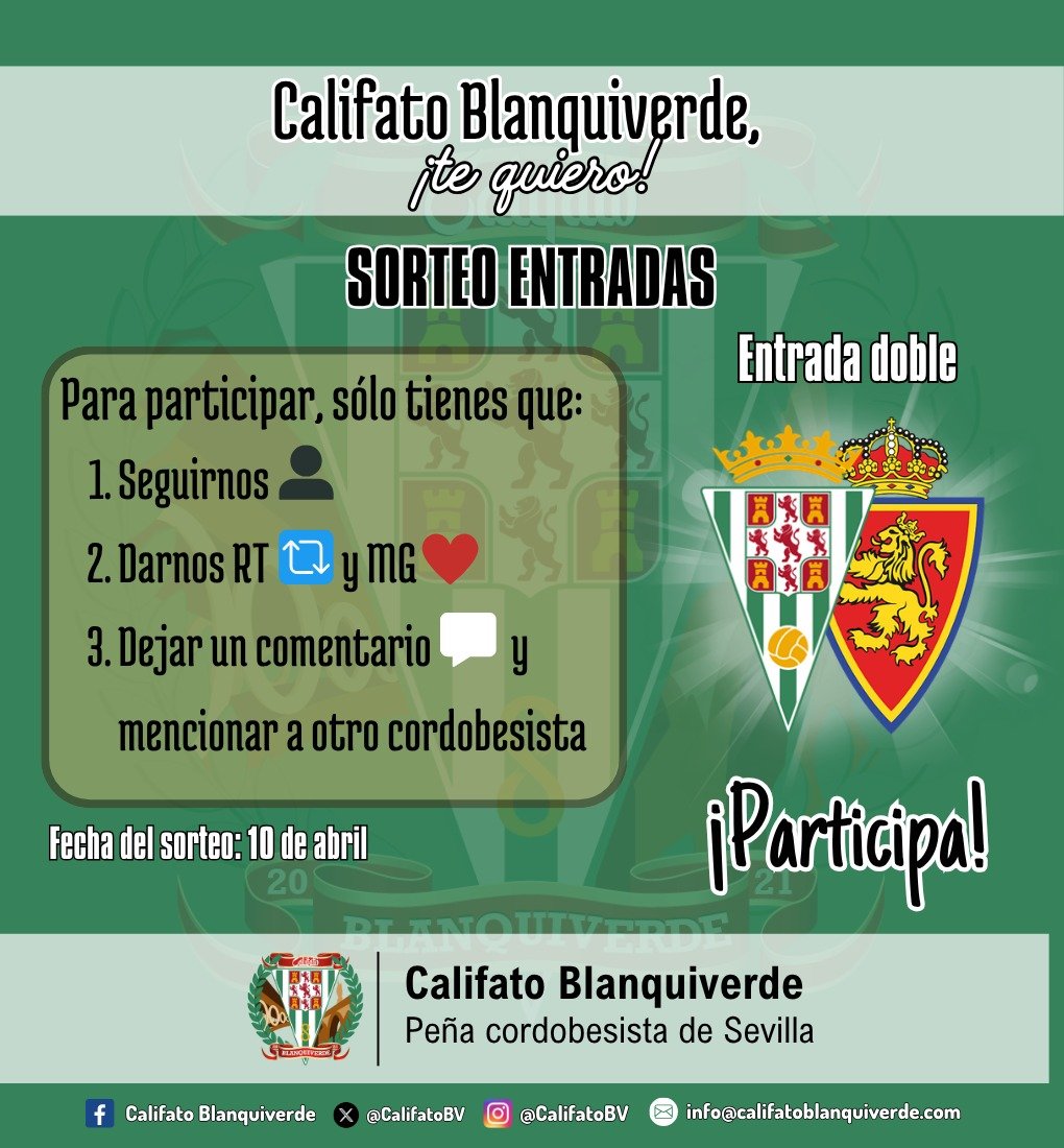 CalifatoBV's tweet photo. 🏠 Volvemos a 𝗰𝗮𝘀𝗮. Volvemos a 𝗘𝗹 𝗥𝗲𝗶𝗻𝗼. Volvemos a 𝗘𝗹 𝗔𝗿𝗰𝗮́𝗻𝗴𝗲𝗹.

Participa en el sorteo de 🎫 dos entradas 🎫 y disfruta del #CórdobaRealZaragoza con un/a acompañante.

📅 Fecha del sorteo: viernes, 10 de abril.

#CalifatoBlanquiverde https://t.co/AJ7c3cL1hu