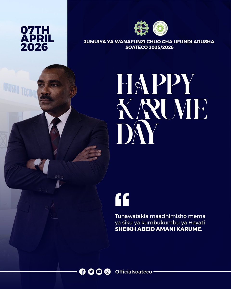 🇹🇿 Karume Day 🇹🇿

Tunapoadhimisha siku hii muhimu, tunakumbuka mchango mkubwa wa hayati Sheikh Abeid Amani Karume katika ujenzi wa taifa letu.

Ni siku ya kutafakari historia yetu, kuthamini uongozi thabiti, na kuendelea kujenga mustakabali bora kwa kizazi kijacho.