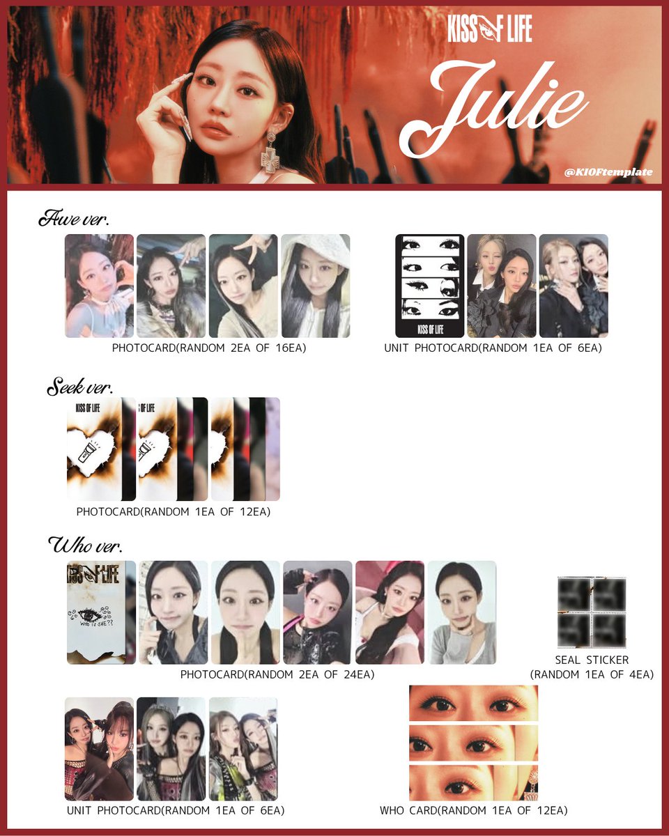 KIOFtemplate's tweet image. KISS OF LIFE 2nd Single Album [Who is she] 
&amp;gt;ALBUM RANDOM INCLUSIONS MEMBER

KISSOFLIFE キオプ templates template pc 키스오브라이프 키오프 포카 JULIE NATTY BELLE HANEUL トレカ 一覧 KIOF
#KISSOFLIFE #키스오브라이프
#KIOFtemplate #Who_is_she