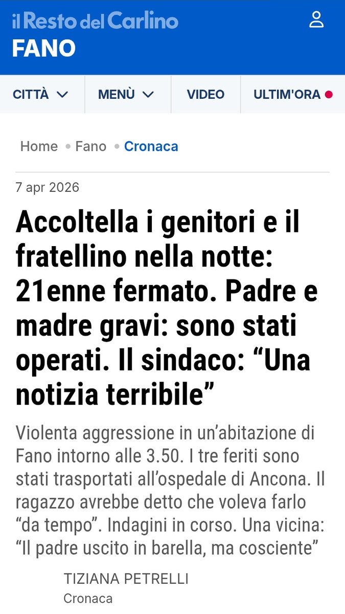 Un altro accoltellamento; gravi madre e padre, ferito anche il figlio minore. Fermato invece il figlio di 21 anni.
#Fano
#IlRestodelCarlino
#cronaca