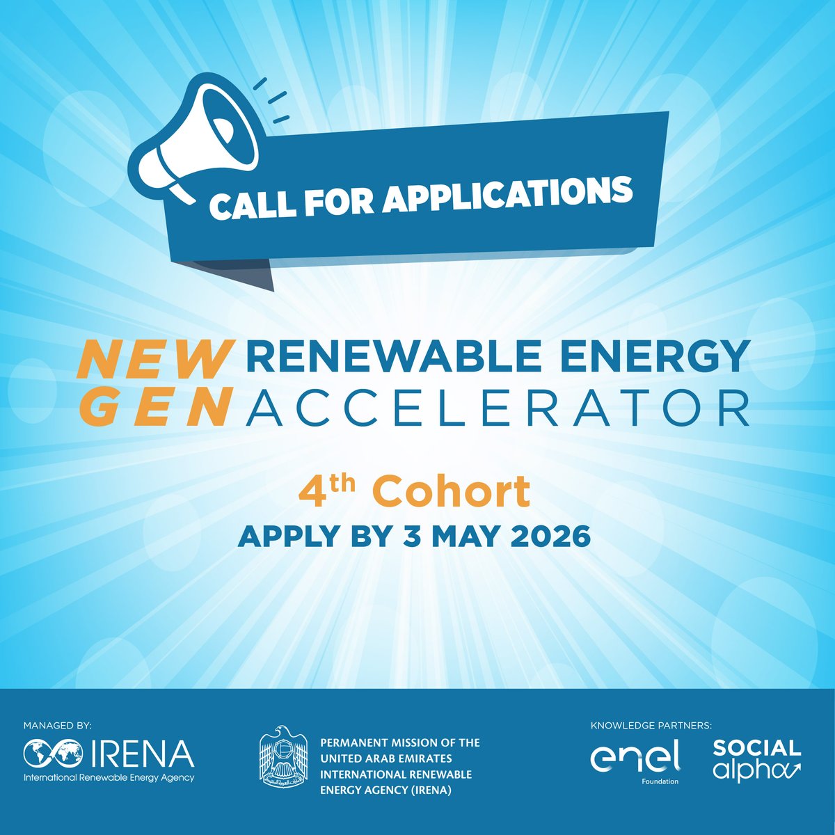 IRENA's tweet image. 🚀Applications are open for the 4th cohort of the #NewGen Renewable Energy Accelerator by @IRENA &amp;amp; partners.

Young innovators in #renewableenergy &amp;amp; clean tech can access support to scale solutions &amp;amp; contribute to a just, inclusive #energytransition. ⚡

🔗Apply now: