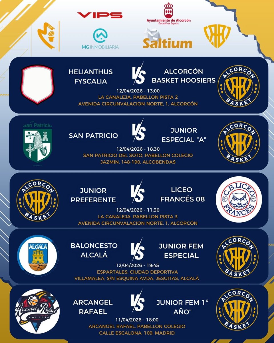AlcorconBasket's tweet photo. HORARIOS JORNADA 11 - 12 Abril‼️
Jornada de playoffs, que os iremos publicando, desde senior a minibasket, este finde no saldrás del pabellón! 🔥
Mucha suerte a tod@s!! 💙🏀
#goAB #canteraAB #horariosAB #partidos https://t.co/ukJ8XWxwVm