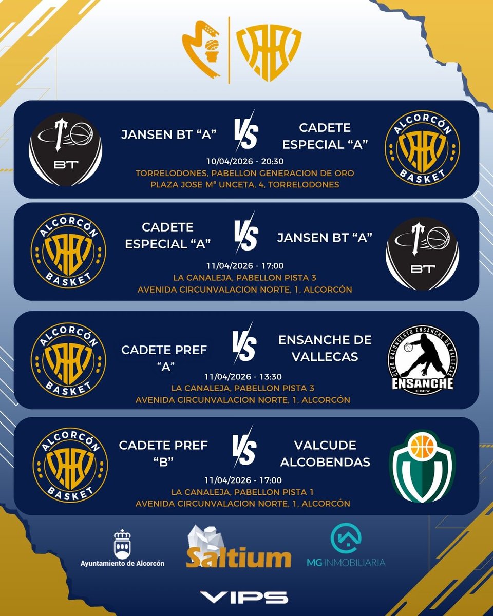 AlcorconBasket's tweet photo. HORARIOS JORNADA 11 - 12 Abril‼️
Jornada de playoffs, que os iremos publicando, desde senior a minibasket, este finde no saldrás del pabellón! 🔥
Mucha suerte a tod@s!! 💙🏀
#goAB #canteraAB #horariosAB #partidos https://t.co/ukJ8XWxwVm