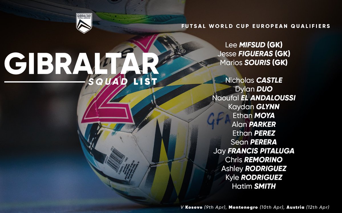 Our team for the FIFA Futsal World Cup European Qualifiers 🇬🇮

🇽🇰 Kosovo — 9 April
🇲🇪 Montenegro — 10 April
🇦🇹 Austria — 12 April