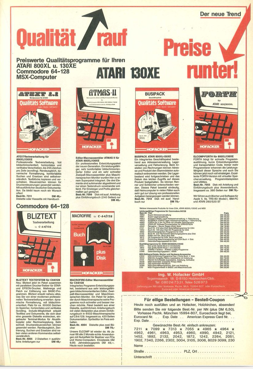 Retrojournal_de's tweet photo. 📉 Preise runter, Qualität rauf! 😄
Software für Atari, C64 & Co. – Textverarbeitung, Assembler, Forth… alles auf Diskette oder Kassette.
Heute Download in Sekunden.
Damals: bestellen, warten, hoffen.
Und dann: Handbuch lesen 📖
#RetroComputing #80sComputing #SaveThePaper https://t.co/jhq6i8K7lg