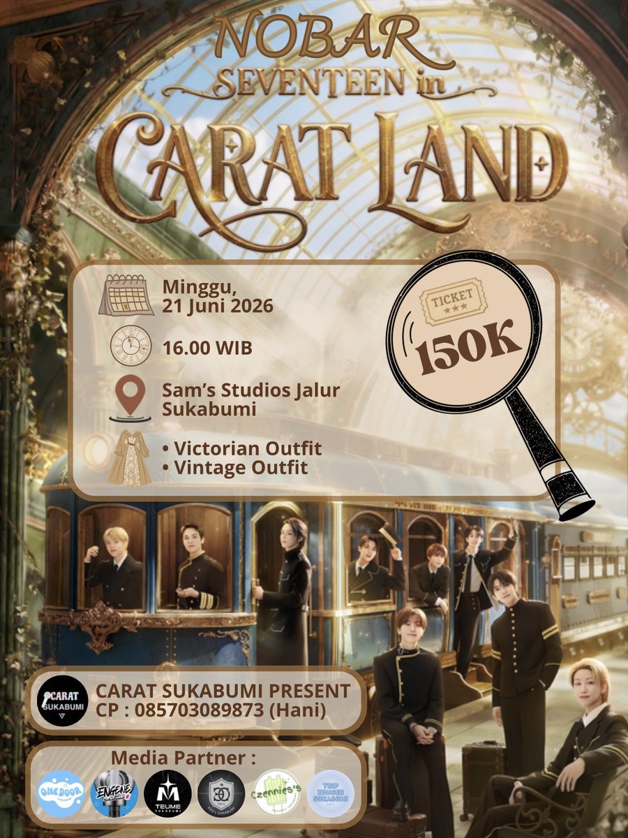 Calling All Carat Sukabumi ! 

NOBAR SEVENTEEN IN CARATLAND FANMEETING

🗓 Minggu, 21 Juni 2026
🕛 16.00 - Selesai
💰 : Rp150.000 (DP 100K)
🎪 : Sam’s Studio Jalur, Sukabumi

🔗 : forms.gle/2YYMbvkPmj3iTo…

For more information Follow Instagram @.carat_sukabumi