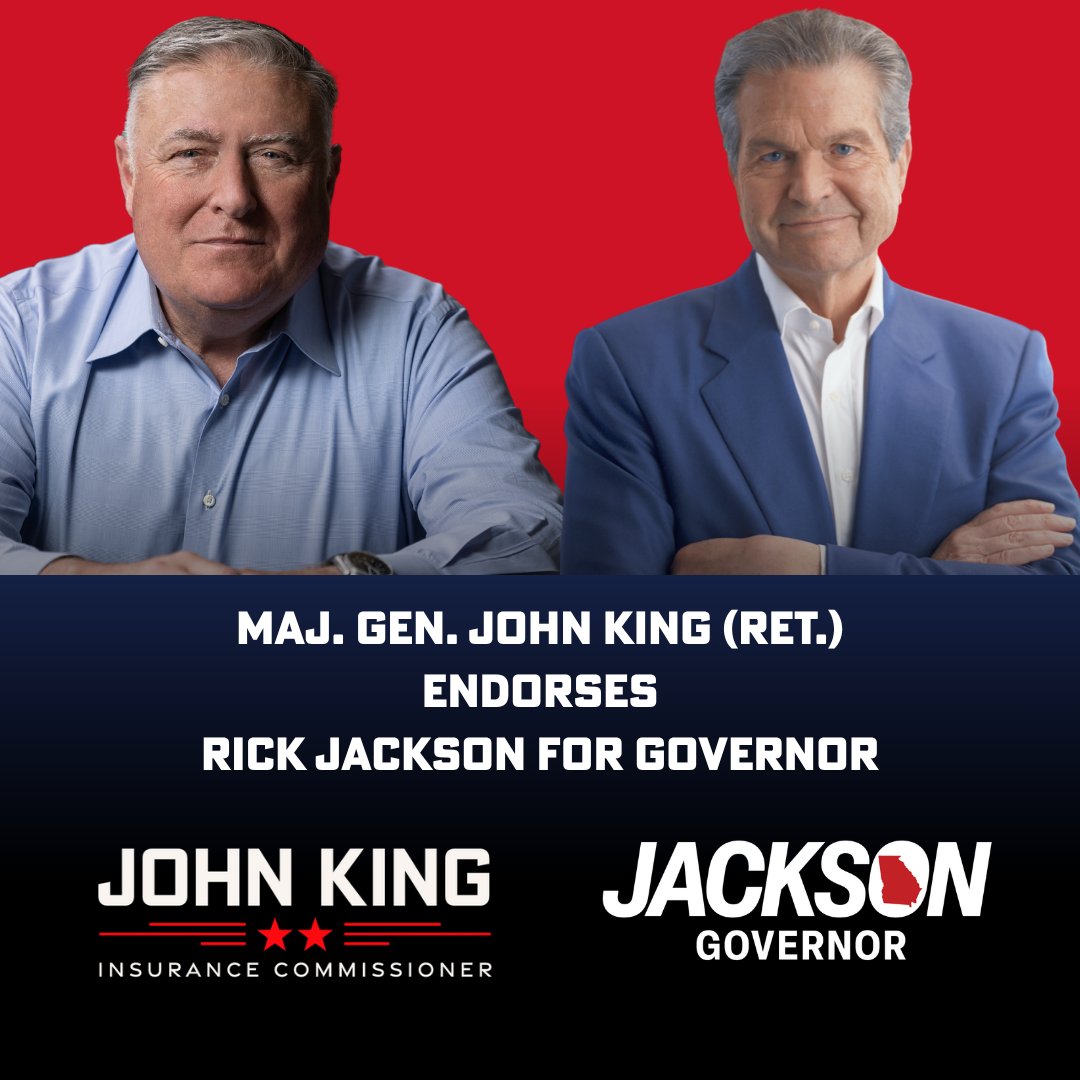 JohnKingGA's tweet photo. I’m a lawman and soldier who took the Insurance Commissioner’s job for one reason: To get things done. @RickJacksonGA as governor is our best shot at continuing to get things done, and for Georgia Republicans, he’s our best shot at winning in November.

Having once patrolled Techwood Homes as a young beat cop, I know where Rick grew up. I also know his heart. Rick’s a doer, not a talker. He grew up facing one hardship after another, ran away from home, and couldn’t afford to go to college.

But Rick pulled himself up, found incredible success, and lived his American Dream. Like my own story, Rick’s is only possible in this country. He’s the genuine article.

I’m endorsing Rick Jackson for Governor because he’ll focus on getting stuff done and he’ll always put others first. That’s exactly what we need from our next governor.

I’ll be out there campaigning for him, and I hope Georgians will join me to make sure he wins the Republican primary in May and the general election in November.