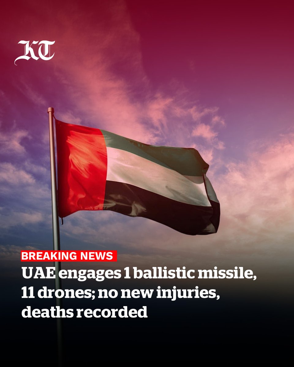 khaleejtimes's tweet photo. BREAKING | UAE engages 1 ballistic missile, 11 drones; no new injuries, deaths recorded
https://t.co/LUNVjneypl https://t.co/QXPQ0FALpk