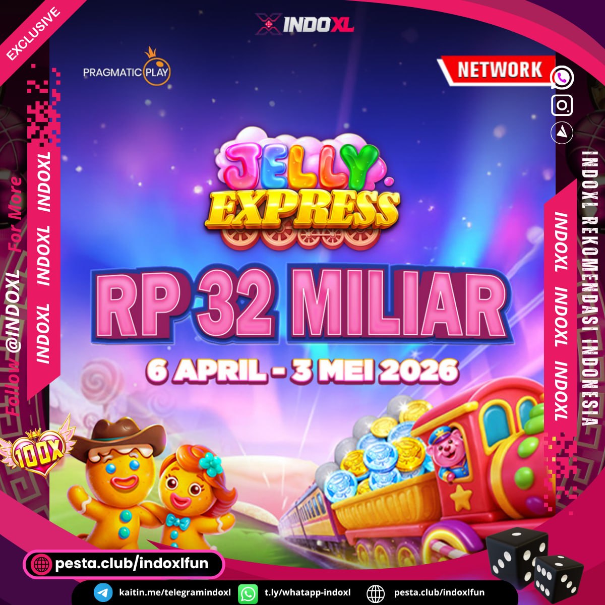 indoxl88's tweet photo. 🍬🚂 MANISNYA CUAN DI JELLY EXPRESS! 🚂🍬
✨ Siap-siap dibanjiri hadiah super gede dari game favoritmu!
🎰 JELLY EXPRESS hadir dengan total hadiah fantastis:
💰 RP 32 MILIAR!!! 💰

📆 Periode: 6 April – 3 Mei 2026

Link main : https://t.co/TSysZcZ8LY https://t.co/hO8rP9T1pO