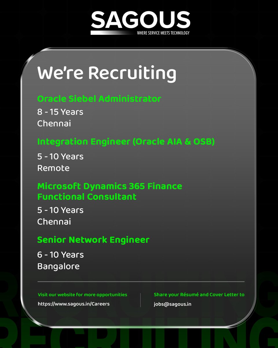 Sagoussoftware's tweet photo. We're recruiting: Oracle Siebel Administrator, Integration Engineer (Oracle AIA &amp; OSB), Microsoft Dynamics 365 Finance Functional Consultant, Senior Network Engineer.

Apply: jobs@sagous.in | https://t.co/cgkxUqGGrP

#OracleSiebel #OracleIntegration #Dynamics365 #NetworkEngineer https://t.co/GosV5tKyau