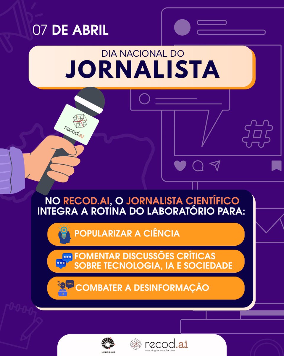 recod_ai's tweet image. ✍️ ON NATIONAL JOURNALISM DAY, WE CELEBRATE THOSE WHO BRING SCIENCE TO YOU 🇧🇷

At Recod.ai, Science Journalism professionals are integrated into the daily routine of the laboratory

👉Learn more: tinyurl.com/5ck9mjyz

#JournalistDay #ScienceJournalism #AI