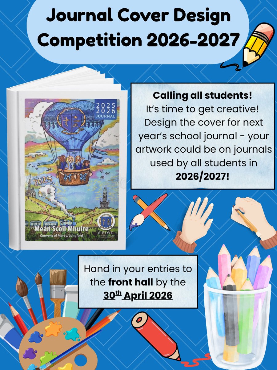 MeanscoilMhuire's tweet photo. Please submit any entries to the front hall by the 30th April 2026 📅
We look forward to seeing your designs!
#JournalDesign #DesignCompetition #getinvolved https://t.co/sgJE0egbmJ
