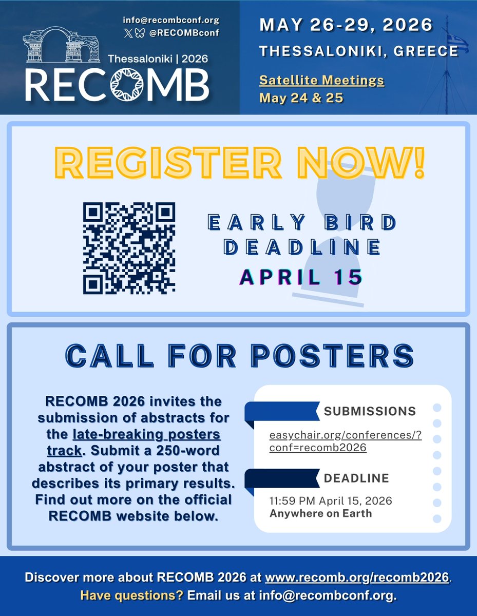RECOMBconf's tweet image. 📌 Upcoming Deadlines📌

🗒️Late-breaking poster submissions: 15 April
⌛️Early registration: 15 April

Visit recomb.org/recomb2026 for details.

#RECOMB2026 #registration #submissions #CallForPosters