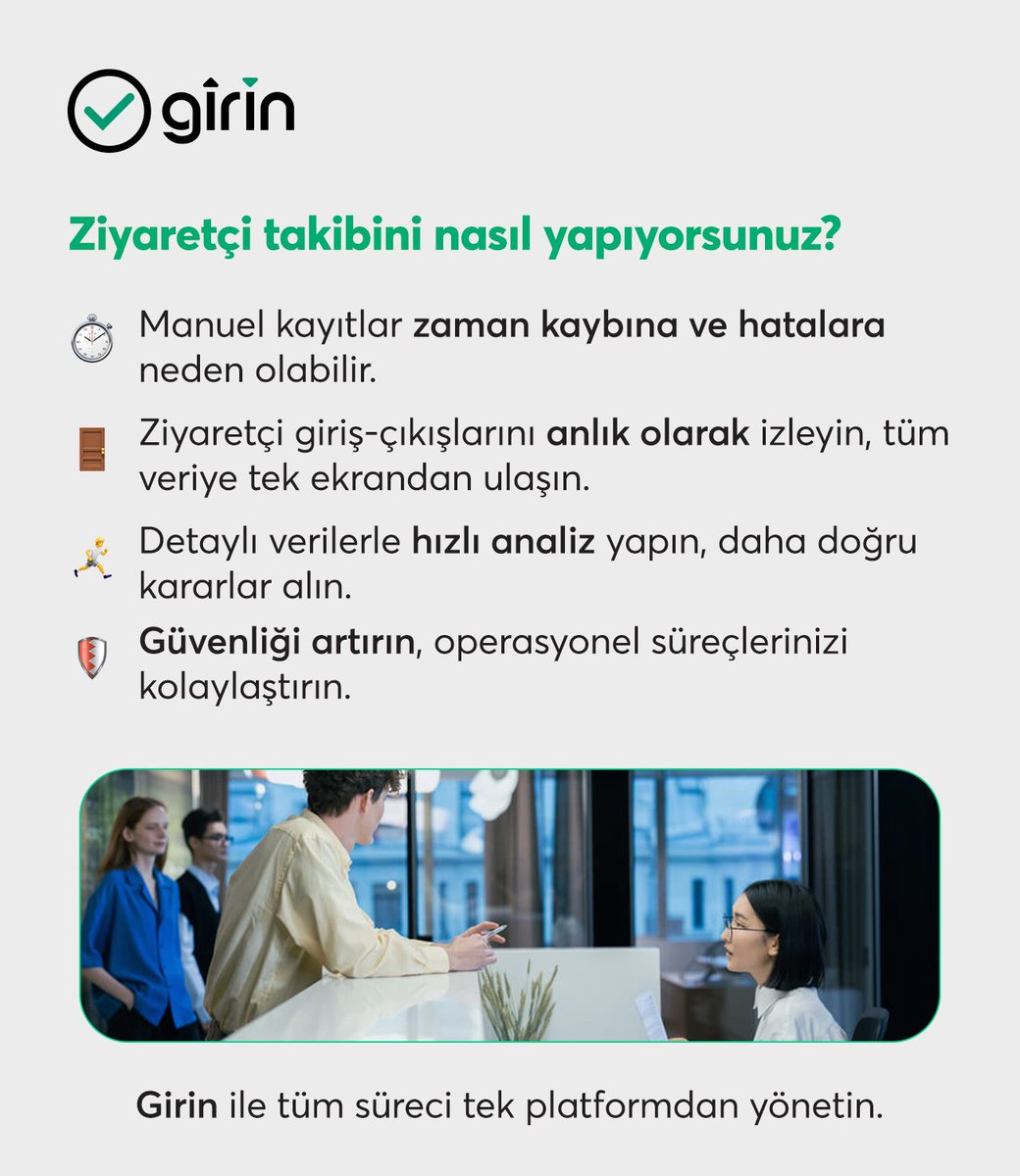 Girin_App's tweet photo. 📊 Ziyaretçi takibini hâlâ manuel mi yapıyorsunuz?
Kağıt formlar ve Excel tabloları hem zaman kaybına hem de veri hatalarına neden olabilir.
Detaylar için blog yazımıza göz atın:
🔗 https://t.co/F2n3kwD1js

#ziyaretçiyönetimi #dijitaldönüşüm #tesisyonetimi #raporlama #güvenlik https://t.co/EqIG9VQG1K