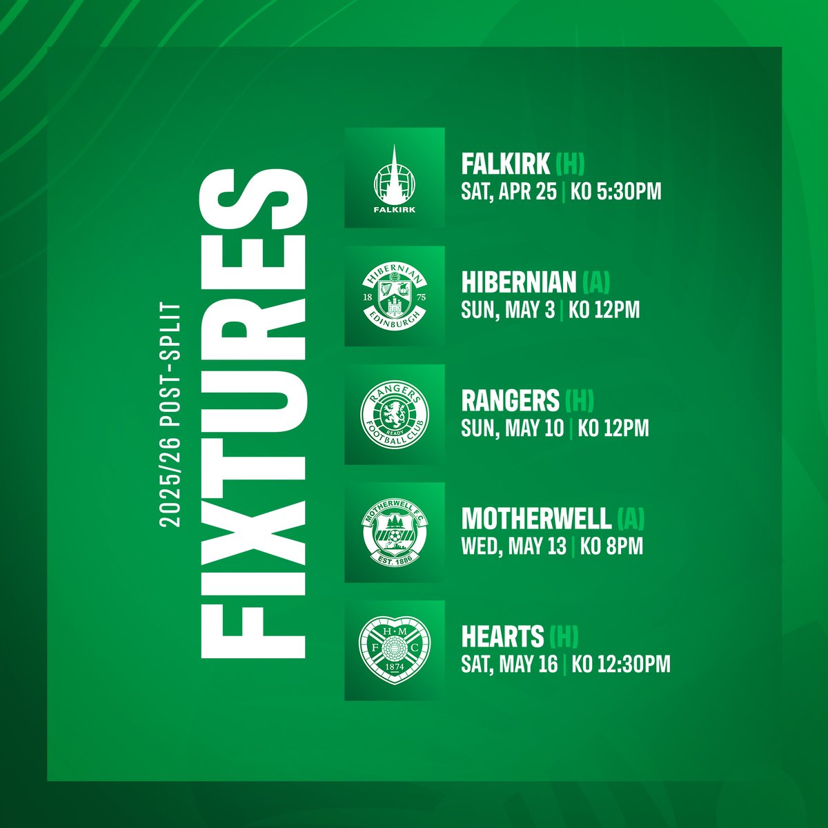 CelticFC's tweet photo. 🗓️ The @spfl have confirmed our post-split fixtures

Here’s your first look at the final five games 🔎🍀