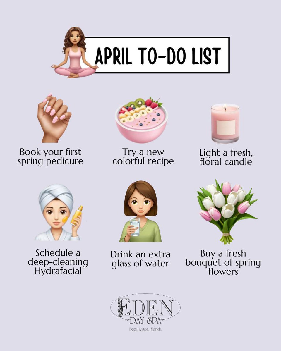 EdenDaySpa's tweet image. Hello, April. 🌸 Spring mode: fully activated. 🌸 A little checklist to keep you glowing, hydrated, and blooming all month long. 🤍

#HelloApril #April #AprilToDoList #SelfCareChecklist #BocaRaton #DaySpa