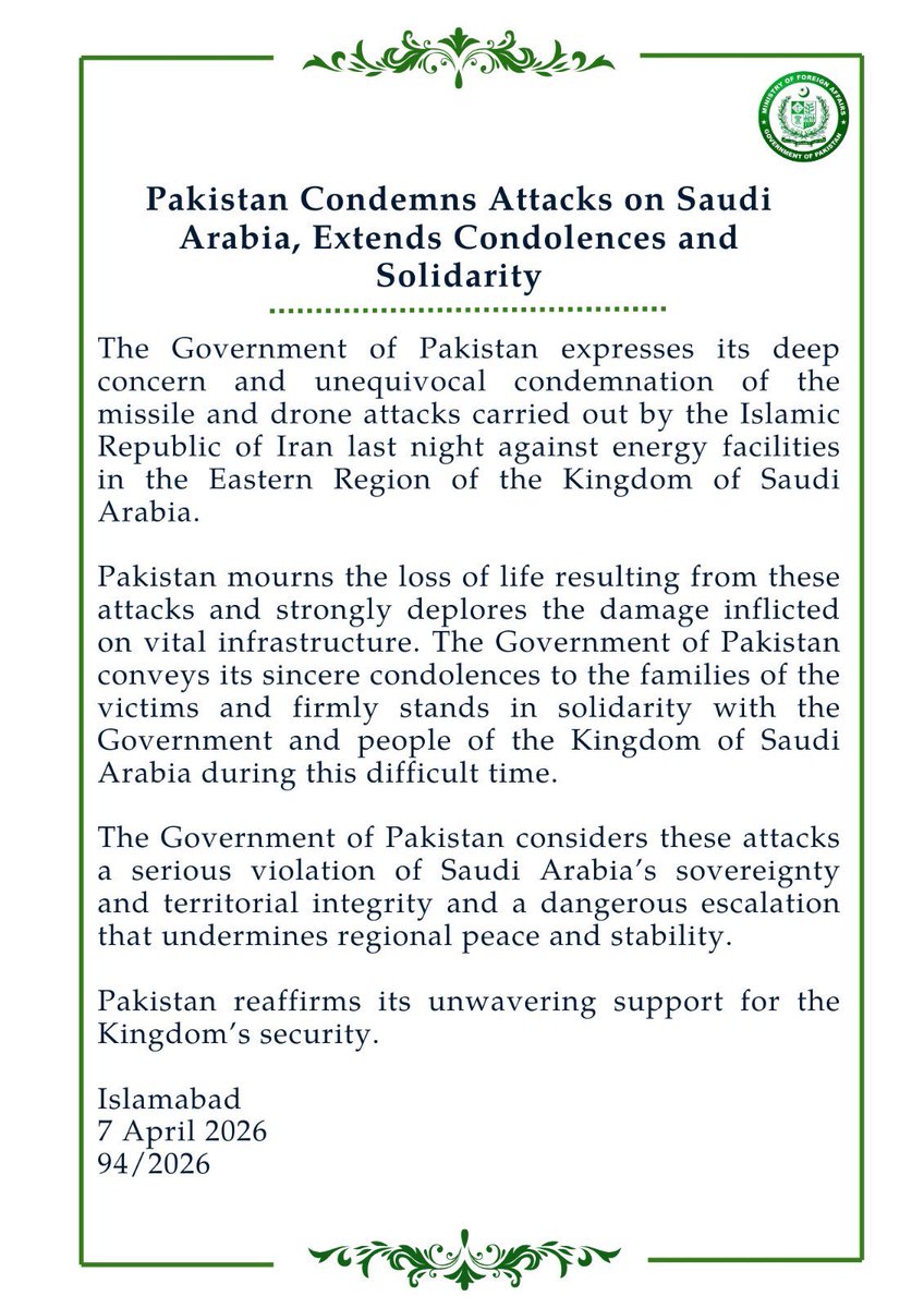 Pakistan’s <a href="/ForeignOfficePk/">Ministry of Foreign Affairs - Pakistan</a> statement on the dangerous attacks on Saudi Arabia 

mofa.gov.pk/press-releases…