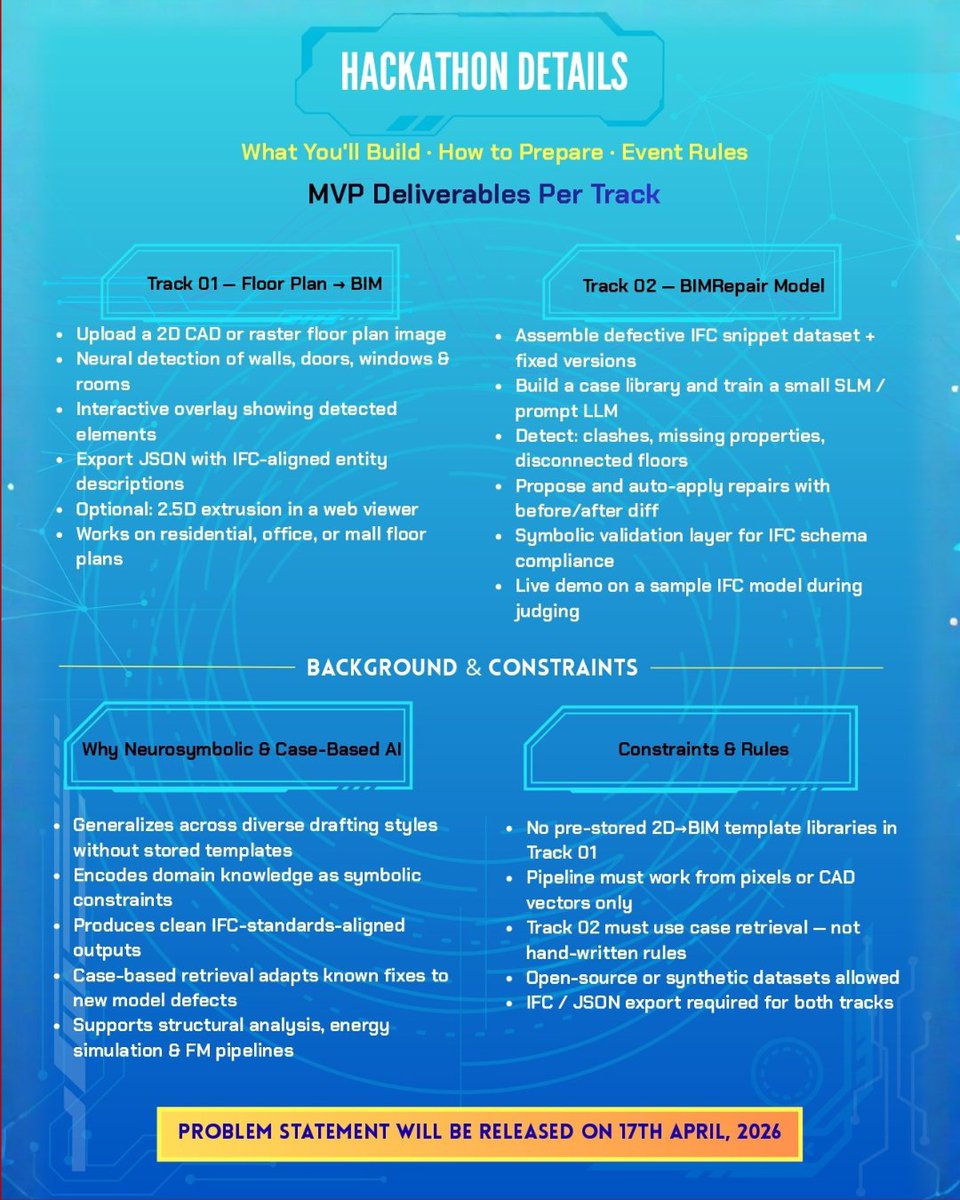 Build the future of construction with AI at <a href="/iitmadras/">IIT Madras</a> !

In collaboration with <a href="/nemetschekgroup/">mediarelations@nemetschek.com</a>, this 24-hour hackathon challenges participants to solve real-world BIM problems using Machine Learning, Computer Vision, and Neurosymbolic AI.

From converting 2D floor plans into