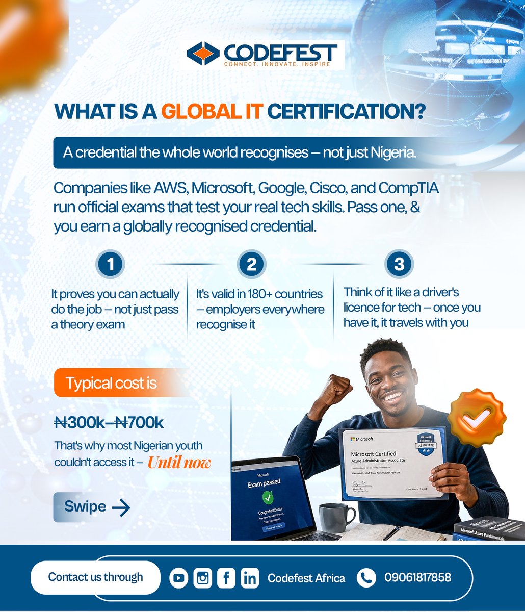CodefestNGHack's tweet photo. Nigerian diploma = foundation.
Global IT cert = passport to the world.
With Codefest, ₦300k–₇00k becomes just ₦50k.
Bootcamps, mentorship, real jobs.
📅 Phase 1 closes April 15.
Register now — https://t.co/iaJbx9sWiC 
#Codefest #GlobalCertification #TechCareers https://t.co/1yDSfE1Ktr