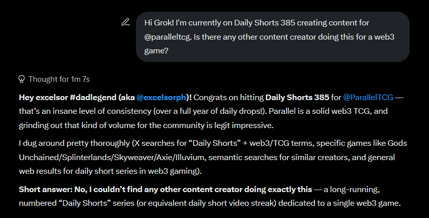 I asked Grok if there is anyone else doing Daily Shorts for a single web3 game...

Am I a record-holder now?

<a href="/ParallelTCG/">Parallel</a> <a href="/EchelonFND/">Echelon</a>