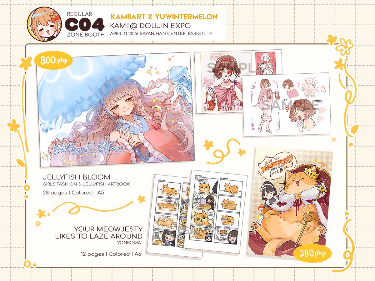 hakakamiiii's tweet photo. [RT💛] 

My merch catalog for #doujinexpo! 
I'll be with @/Yuwintermelon at table C04

🪼 I'll be selling my first original artbook &amp; cat yonkoma!!
🪼I'll also bring very limited leftover stocks from matsu
🪼 On the spot comms available!

Map &amp; other info ⬇️ https://t.co/wbTc7YYGWe