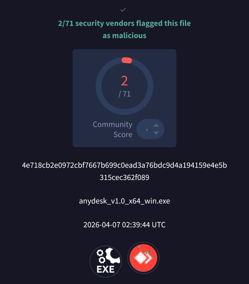 smica83's tweet image. 'anydesk_v1.0_x64_win.exe' seen from China @abuse_ch 
bazaar.abuse.ch/sample/4e718cb…
C2: vaeth(.)cn - FUD
Resolving to: 182.16.88(.)245 - FUD