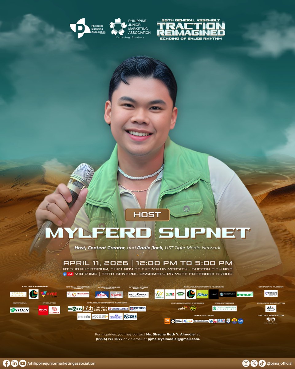 pjma_official's tweet photo. Step into a space where energy meets intention, as our host Mylferd Supnet anchors the flow of the 39th General Assembly: Reimagining Traction: #EchoingOfSalesRhythm, threading together ideas, dialogue, and discovery into one cohesive experience.
#GeneralAssembly2026
#PJMA39 https://t.co/cAo9YK5hWa