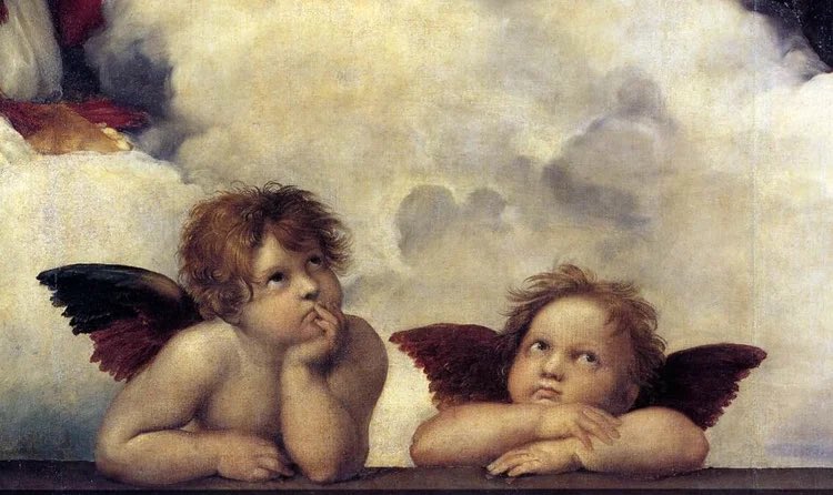 ItalianCaucus's tweet photo. Today is the birthday of Renaissance painter, Raphael. 

His painting, the Sistine Madonna, depicts the beauty of the Mary &amp; Jesus flanked by St Sixtus &amp; St Barbara. You probably thought those cherubs, or putti, were their own painting, but they are actually part of a larger one. https://t.co/FPW88nqC52