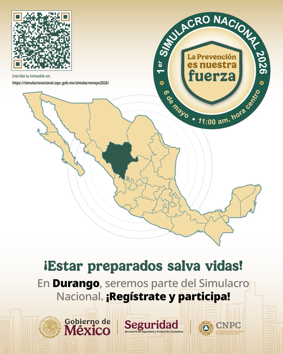 CNPC_MX's tweet image. En #Durango, prepararse hoy hace la diferencia mañana. @CEPCDurango te invita a sumarte al #PrimerSimulacroNacional2026 🚨📢, registra tu inmueble y fortalece la capacidad de respuesta de tu comunidad.

🔗buff.ly/DaKEGB1

#40AñosSinaproc