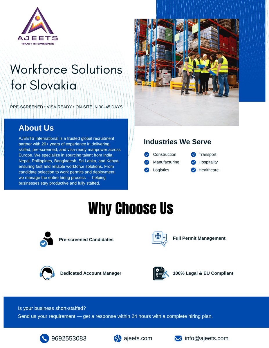 AparnaMish560's tweet image. Your Slovakia operations shouldn't suffer because of a hiring gap. 
30–45 days → skilled, visa-ready workers on your site. Pre-screened. Fully legal. EU compliant.  DM us

#HireNow #WorkforceSolutions #Slovakia #GlobalTalent #EUCompliant #Staffing #ManpowerNow=