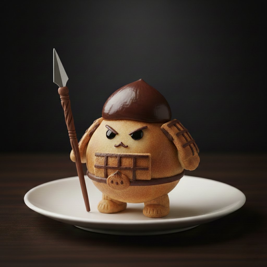 SweetKingdom_PR's tweet photo. まろんまろん（栗まんじゅう隊長）

甘味王国の平和を最前線で守る「国境守備隊」の隊長。栗型の専用鎧を纏い、自慢の槍で外敵を退ける。生真面目な性格で、口癖は「〜であります！」。好物の栗ごはんを食べ過ぎて鎧が少しきつくなっているが、今日も鋭い眼光で国境を監視している。 https://t.co/BZLUHZheCM