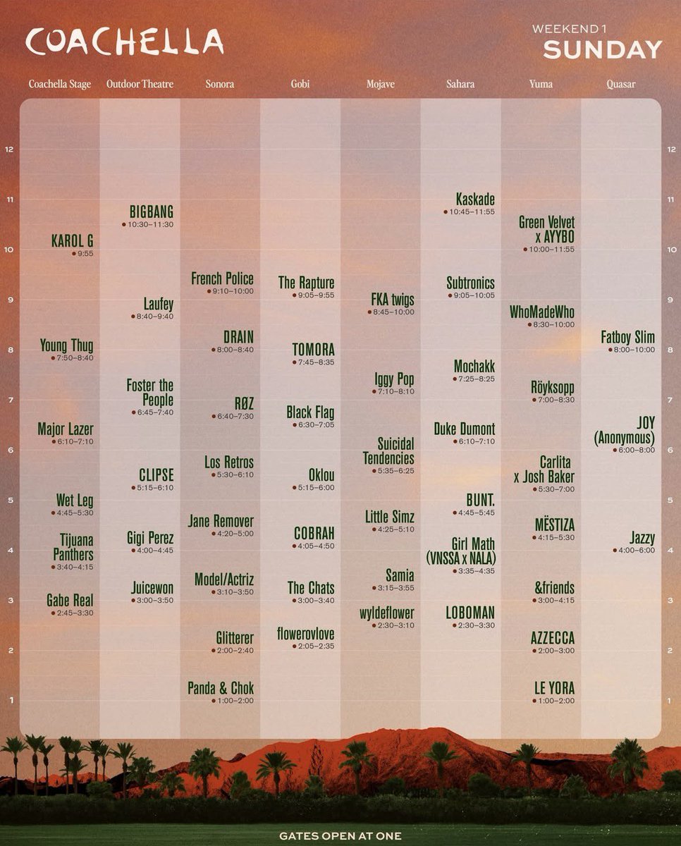 O TOMORA sobe ao palco Gobi do Coachella neste domingo, às 23h45 (horário de Brasília). 🛸🩷

O show terá cerca de 50 minutos de duração.