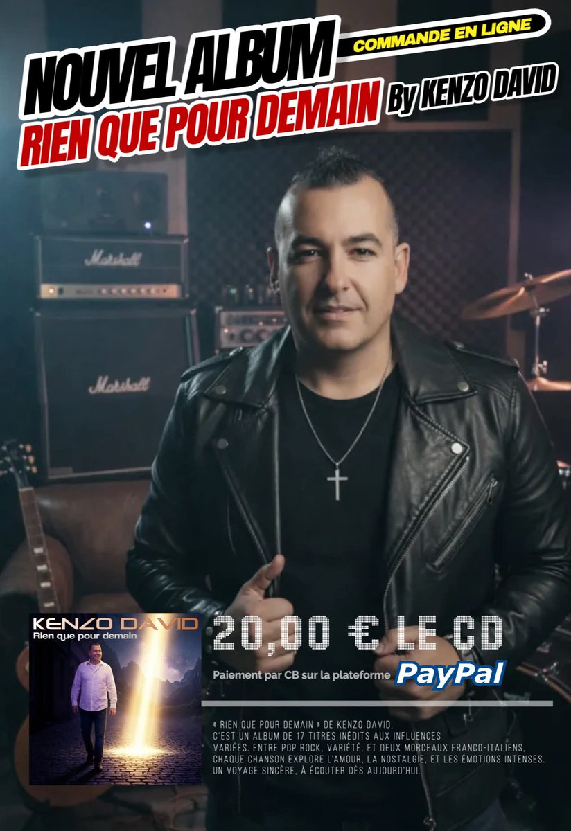 kenzodavid's tweet photo. 🌟 Découvrez mon tout nouvel album 'Rien que pour demain' ! 🌟 17 titres inédits.  Commandez dès maintenant sur mon site ! Paiement simple et sécurisé via PayPal.
👉 Lien pour acheter l'album : https://t.co/1sayJkjgAZ

#rienquepourdemain #KenzoDavid #NouvelAlbum #commande https://t.co/c8Ea45jUQq