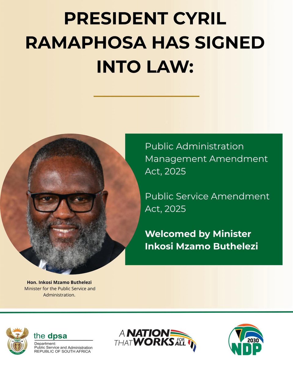 GovernmentZA's tweet image. 📢 New Laws Signed to Strengthen Public Service 🇿🇦

President Cyril Ramaphosa has officially signed into law the Public Administration Management Amendment Act, 2025 and the Public Service Amendment Act, 2025.

These important reforms are aimed at improving accountability,