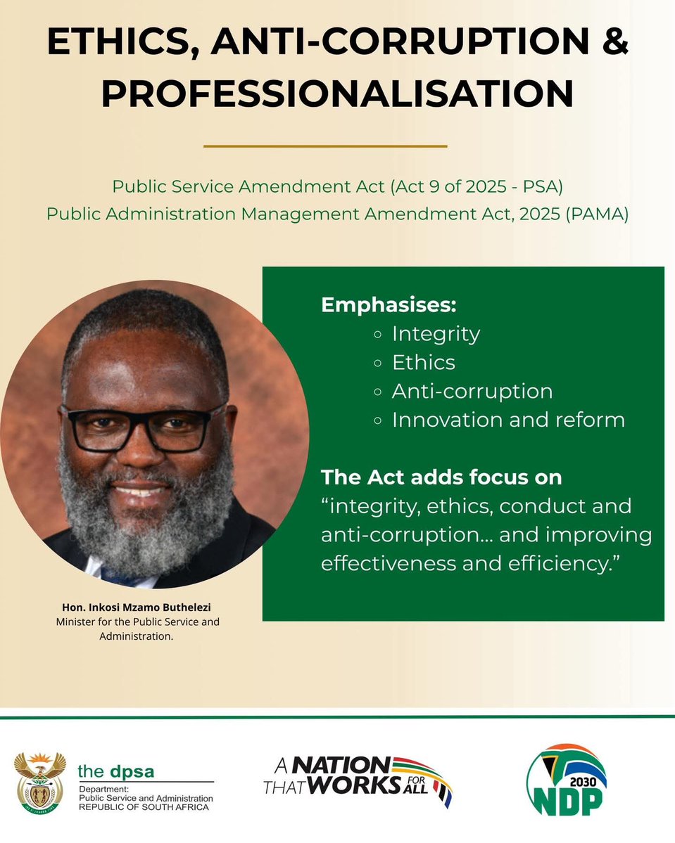 GovernmentZA's tweet image. 📢 New Laws Signed to Strengthen Public Service 🇿🇦

President Cyril Ramaphosa has officially signed into law the Public Administration Management Amendment Act, 2025 and the Public Service Amendment Act, 2025.

These important reforms are aimed at improving accountability,