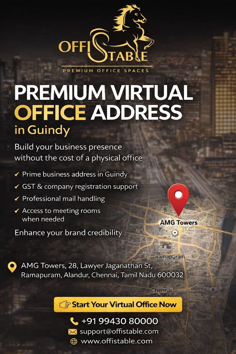 0ffistable's tweet photo. Your business deserves a premium address not a residential one.With Offistable’s Virtual Office in Guindy, establish your brand in a prime location without the cost of a physical office.✔ GST &amp; company registration support✔ Prime business address #GSTRegistrationIndia https://t.co/iSuUm2PZSa