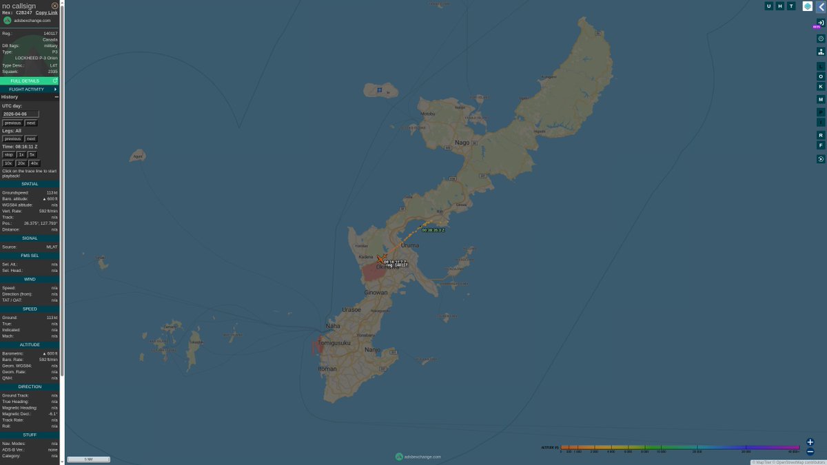 steffanwatkins's tweet photo. April 6 (UTC)
π¨π¦ #RCAF CP-140 Aurora 140117 #C2B247 conducted a ~7.5 hour #OpNEON sortie departing Northeast from Kadena, Japan π―π΅
https://t.co/tjqqIUNHm7 https://t.co/QpsoxOP60t